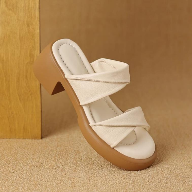 

Fashion Women Slippers Heeled Sandals Platform Casual Shoes Woman Loafers 2025 Brand Elegant Dress Summer Chunky Soft Leather Slides 35 бежевый