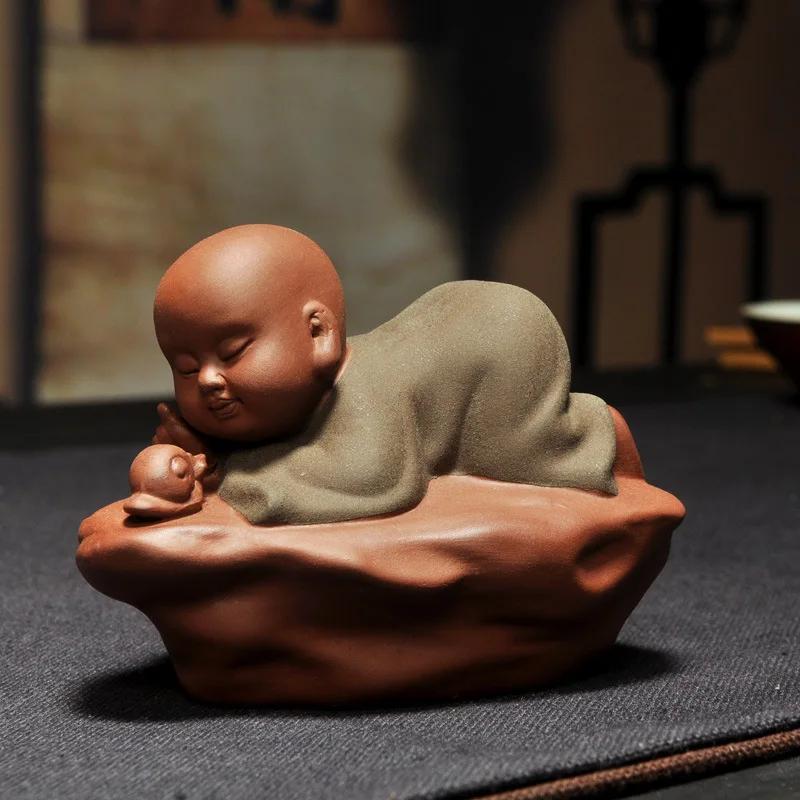 Chinese-Style Purple Little Monk Ornaments Handmade Ceramic Little Shami Doll Creative Desk Small Decorations Home Decor Tea Pet