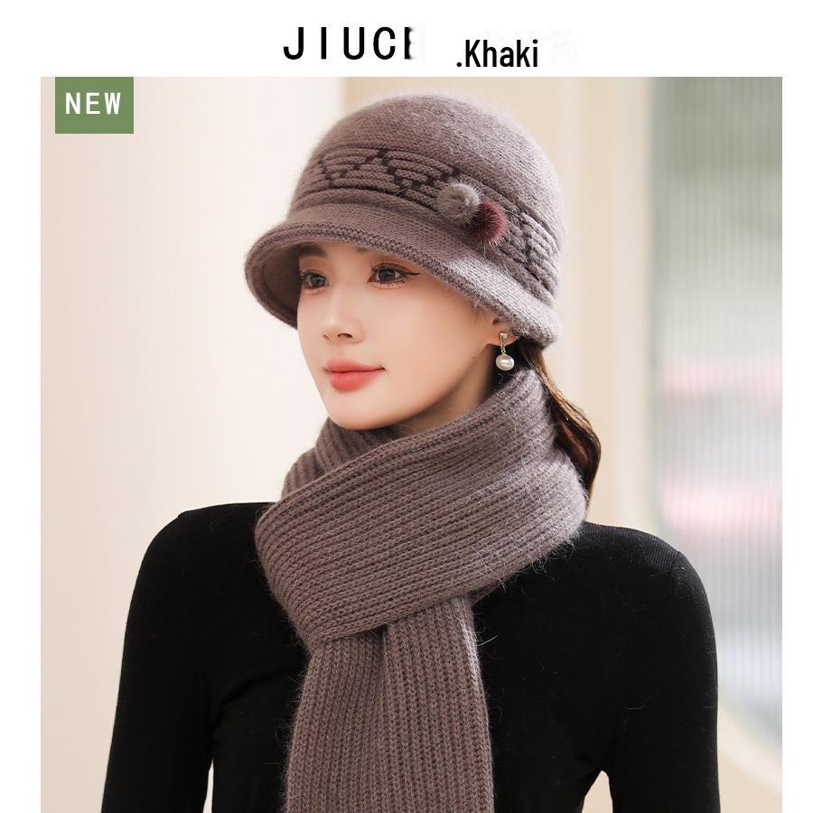 Winter Luxury Rabbit Fur Knit Hat & Scarf Set - Thick, Warm, Ear-Protecting for Middle-Aged & Elderly