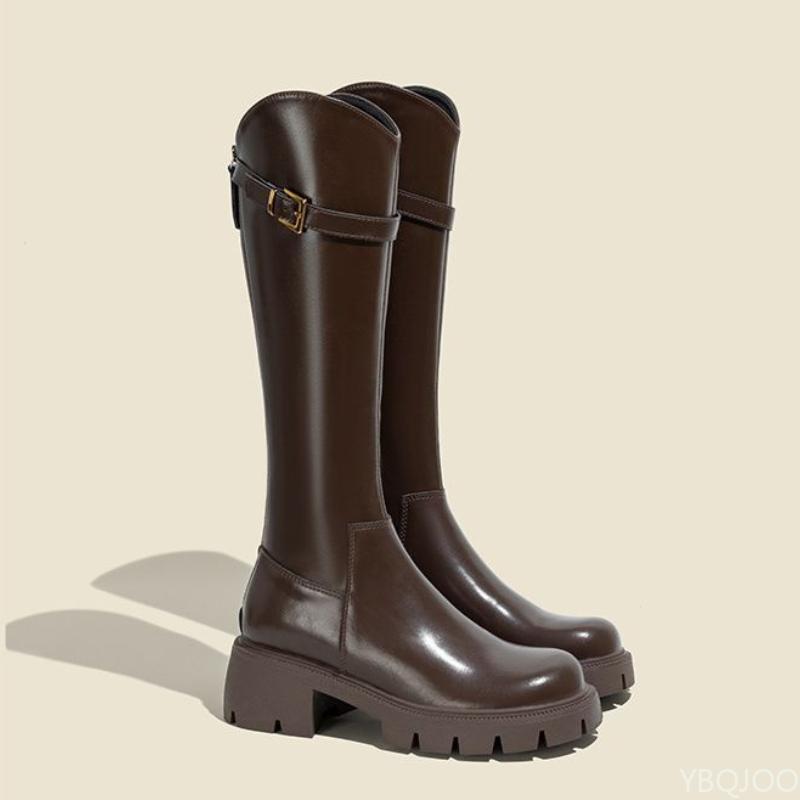 Spring And Autumn New Knight Women'S Shoes Versatile Thick Soled Long Tube Slimming Boots Solid Color Western Boots Platform