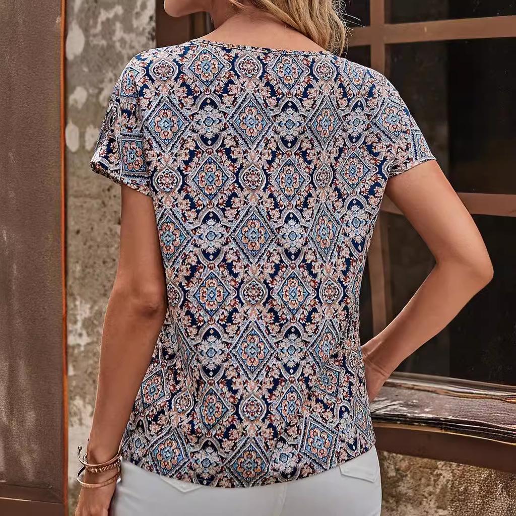 Ladies Summer Short Sleeve O Neck Breathable Retro Printed Pullover T Shirt Top