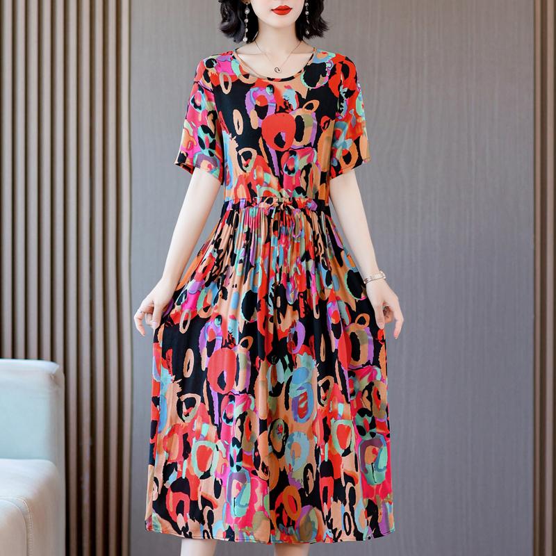 Elegant Dresses for Women  New Casual Vintage Print Long Dress Summer Short Sleeve Korean Style Female Clothing