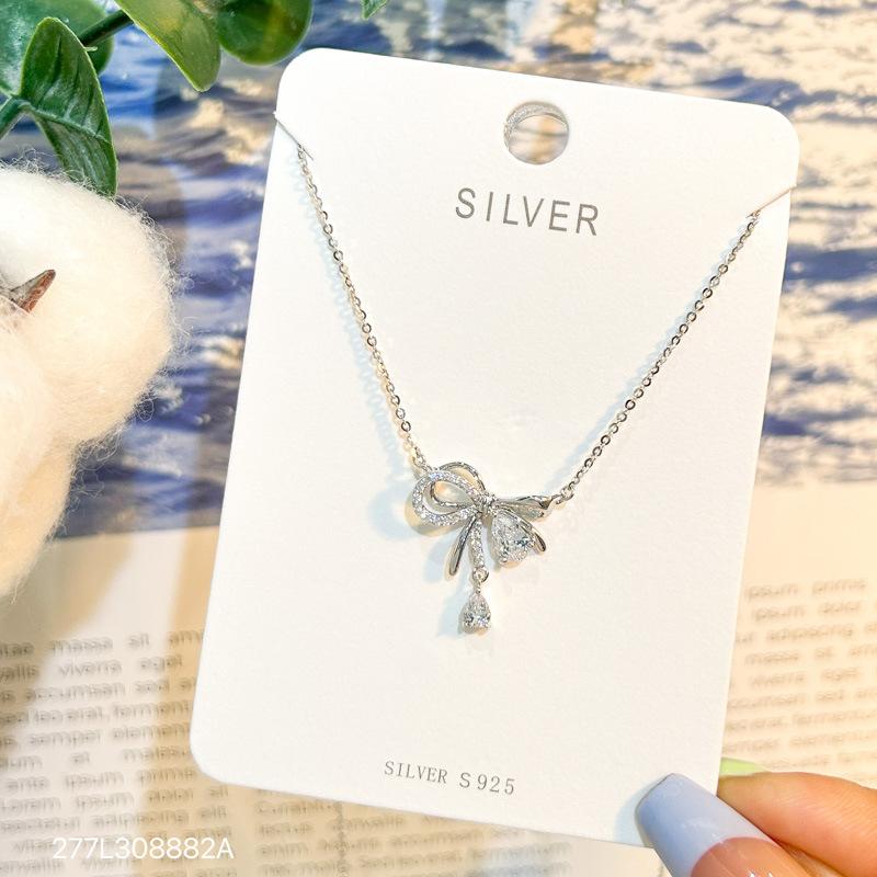 S925 Sterling Silver Necklace Girl Bows ,Vermiculite Pendant Clavicle Chain