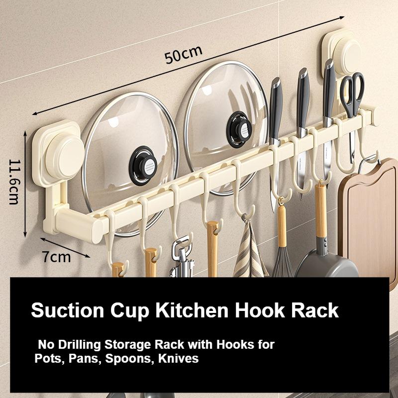 Suction Cup Kitchen Hook Rack No Drilling Storage Rack with Hooks for Pots, Pans, Spoons, Knives Wall-mounted Storage for Items