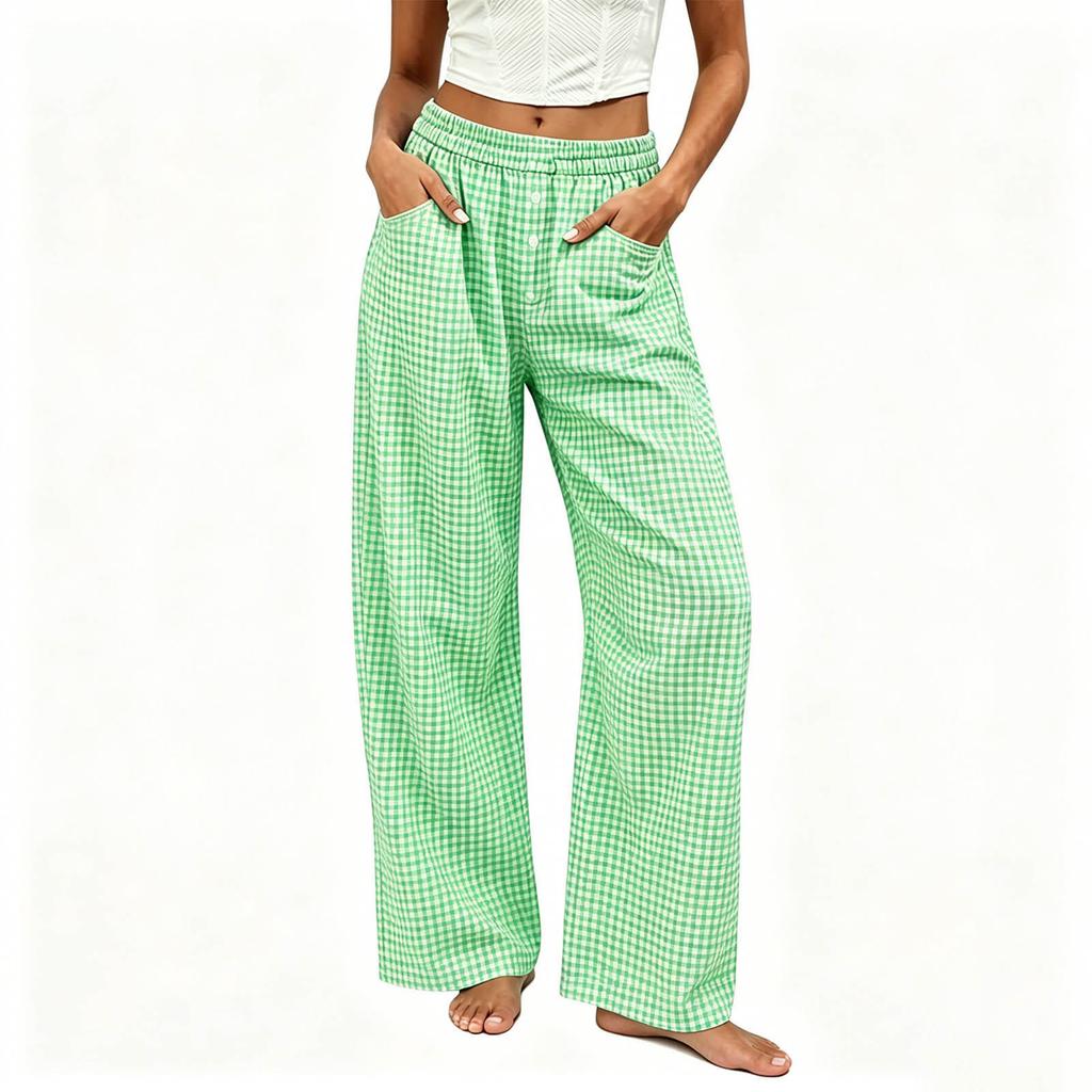 Women's Loose Fit Wide Leg Pants with Elastic Waist and Button Pockets Plaid Print Casual Trousers