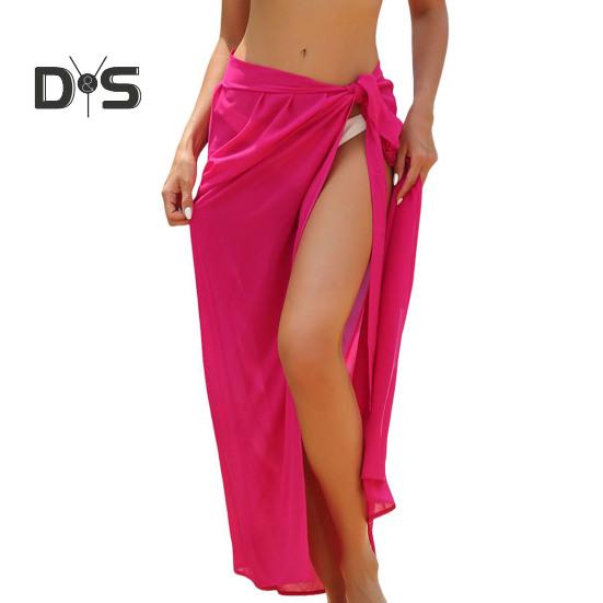Women Beach Skirt Lace-up Solid Color See-through Thin Quick-Drying Flowy Skirt Sun Protection Bikini Cover Up