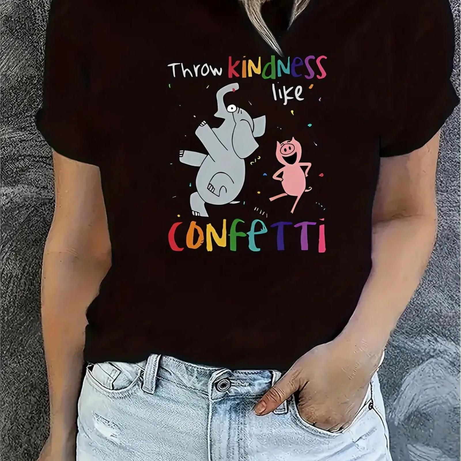 

1pc Women S Casual Crew Neck T-Shirt with Colorful Elephant and Pig Print, Knit Fabric with Medium Stretch, All-Season Fashion T XXXXXL різнокольоровий
