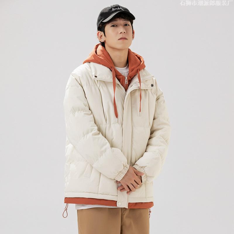 Winter new ins Hong Kong cotton-padded clothes for men, thickened bread clothes, fake two-piece cotton clothes, loose stand-up collar jacket for men