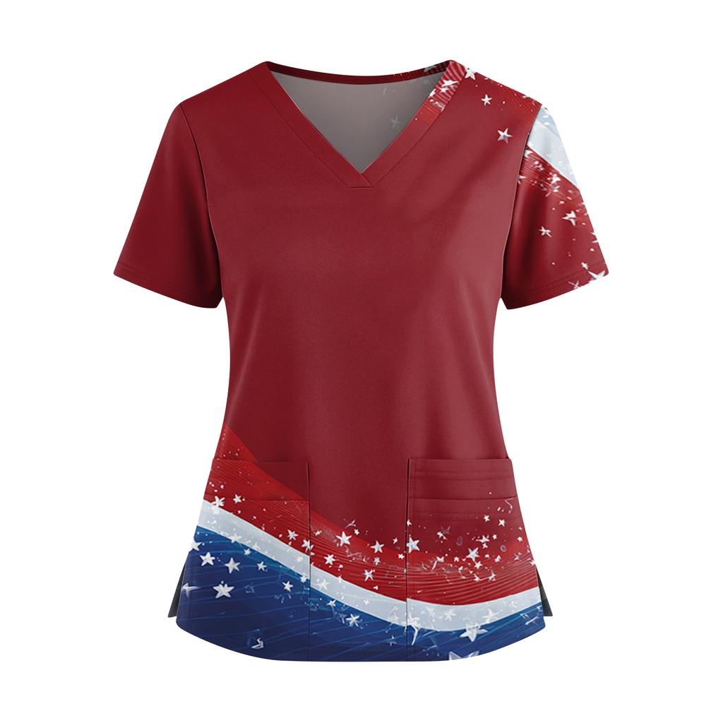 Uniforme de Manga Corta con Estampado del Día de la Independencia para Mujer, Cuello en V, Doble Bolsillo, Dobladillo con Abertura - Top para Cuidador