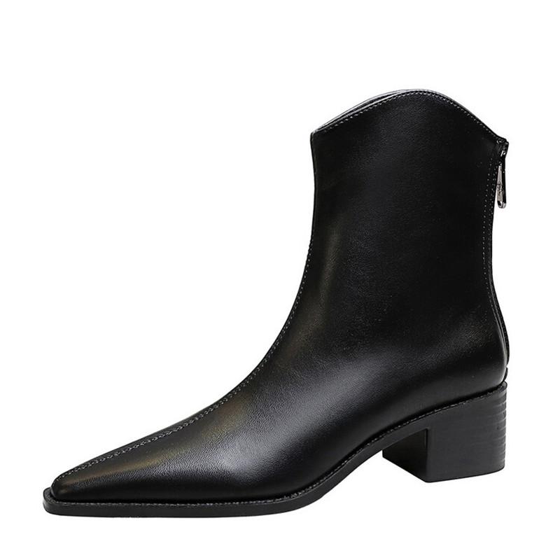 Fashion New Autumn Winter PU Leather Women Boots Fashion Pointed Toe Chelsea Boots for Women Black Short Boots Chunky Heel Botines Mujer