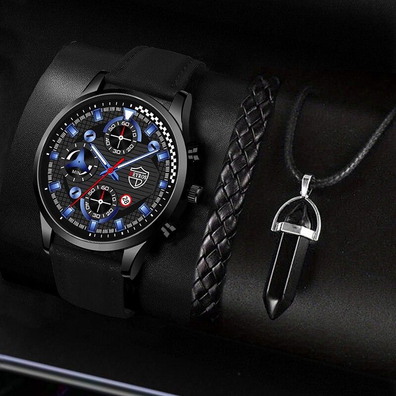 

3PCS Set Fashion Mens Sports Bracelet Necklace Watches For Men Business Quartz Wrist Watch Classic Male Casual Leather Watch