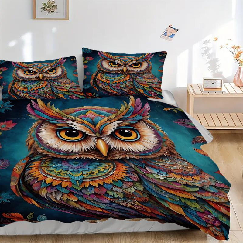 3pcs Colorful Mandala Owl Printed Quilt Set, Soft and Comfortable Quilt Cover for Bedroom