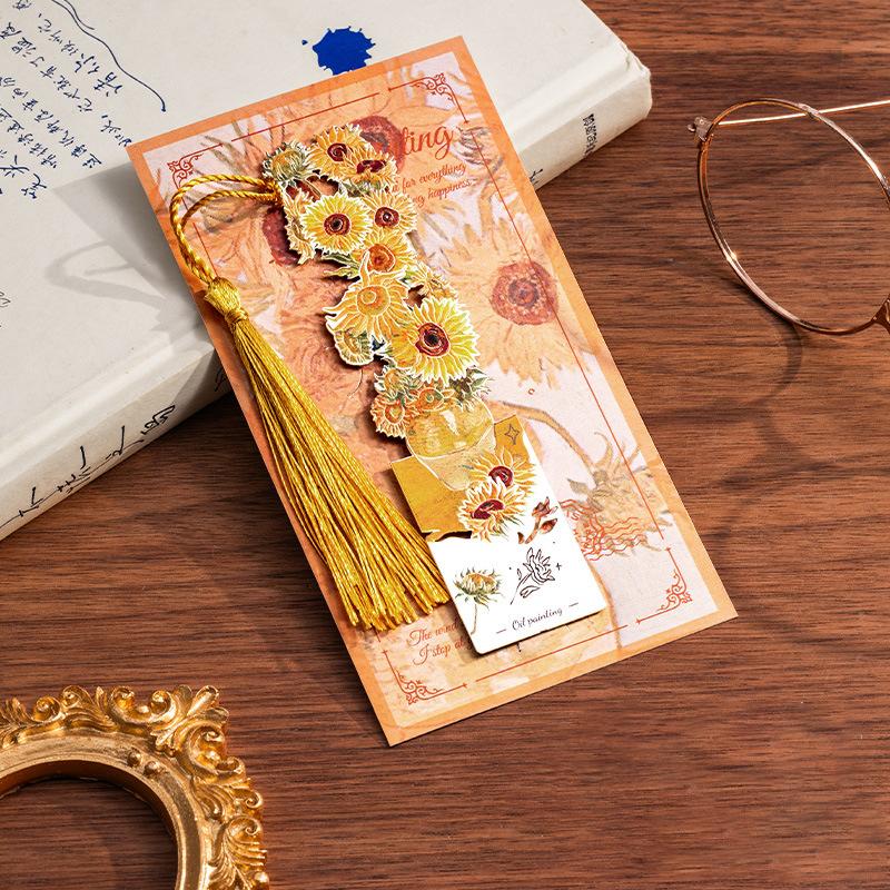 1PC Flower Oil Painting Metal Bookmark Retro Famous Painting Hollow Bookmark With Tassels Student Reading Stationery Gifts