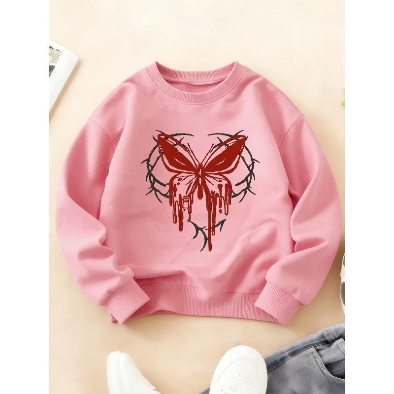 Kids Crewneck Sweatshirt, Cool Fun Red Butterfly Dark Aesthetic Print Long Sleeve Top