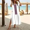 Women Fashion Round Neck Ethnic Style Patchwork Stripes Printed Short Sleeve Side Slit Dress Casual Vacation Dress Long Loose Dress