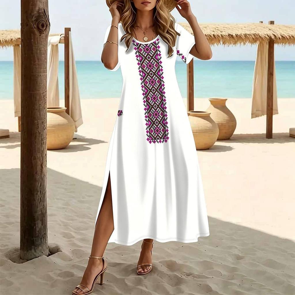 Women Fashion Round Neck Ethnic Style Patchwork Stripes Printed Short Sleeve Side Slit Dress Casual Vacation Dress Long Loose Dress