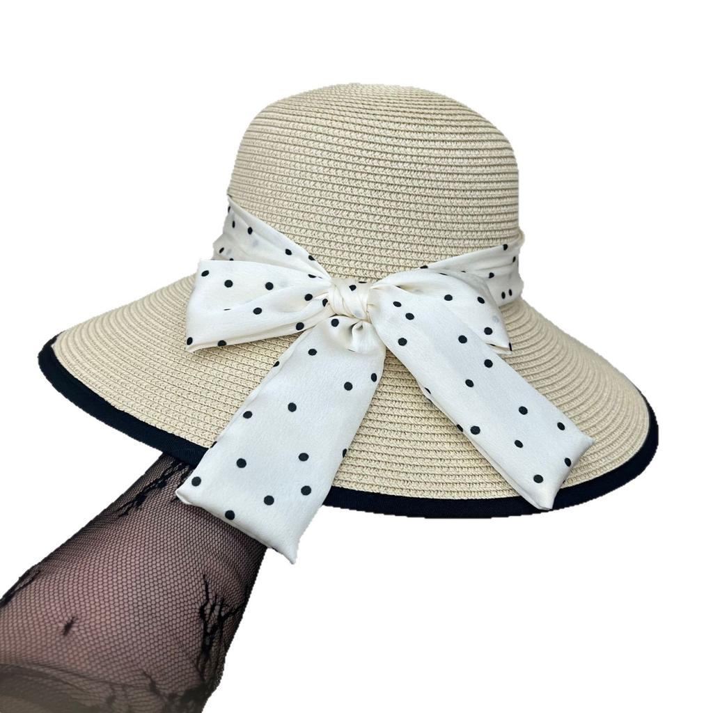 New polka dot bow big brim straw hat women's summer vacation temperament elegant bucket hat sun hat breathable sun hat