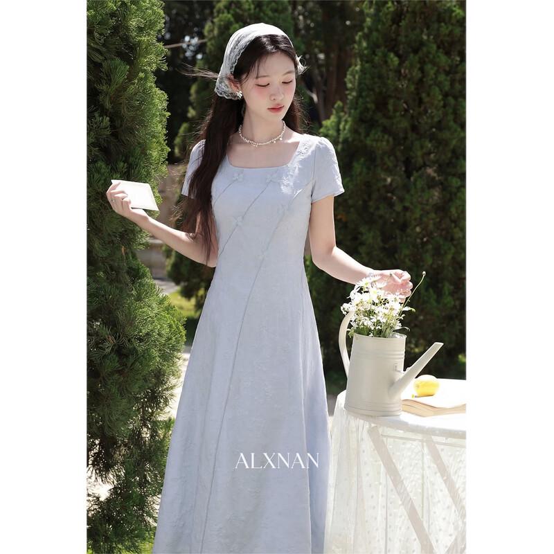 Luxiangnan Women's French Style Blue Summer Dress