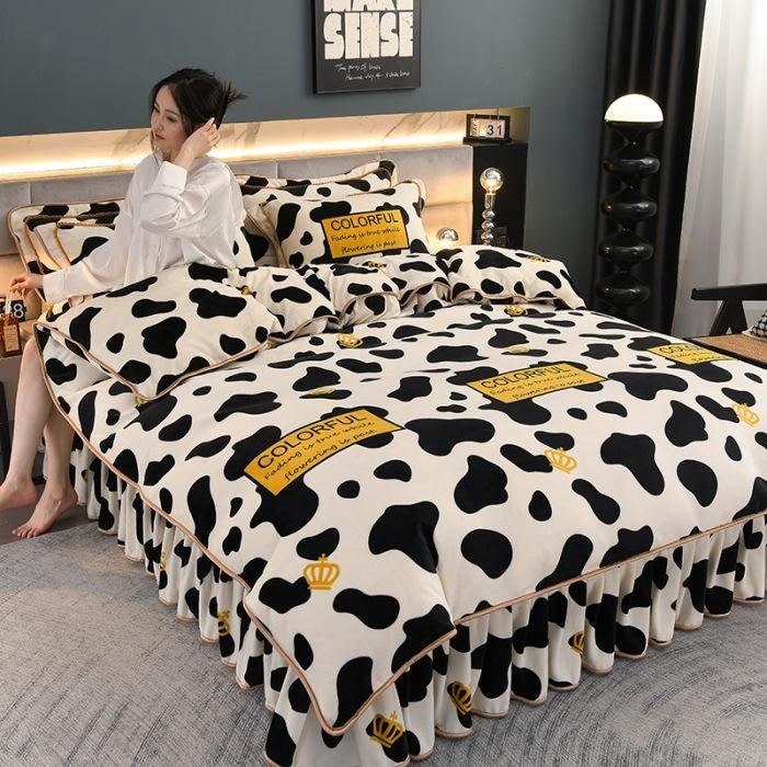 Thickened Milk Fleece Four-Piece Warm Double-Sided Coral Fleece Quilt Cover Flannel Sheet Bed Skirt Bedding