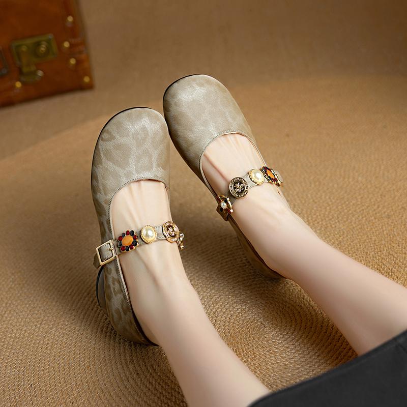 Krazing Pot Stain Sheep Skin Summer Size 40 Mary Janes Low Heels Gray Color Leopard Prints Round Toe Elegant Shallow Pumps