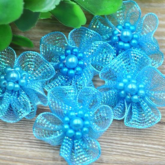 10Pcs Mixed Color Mini Organza Ribbon Bead Flower Wedding DIY Craft Appliques