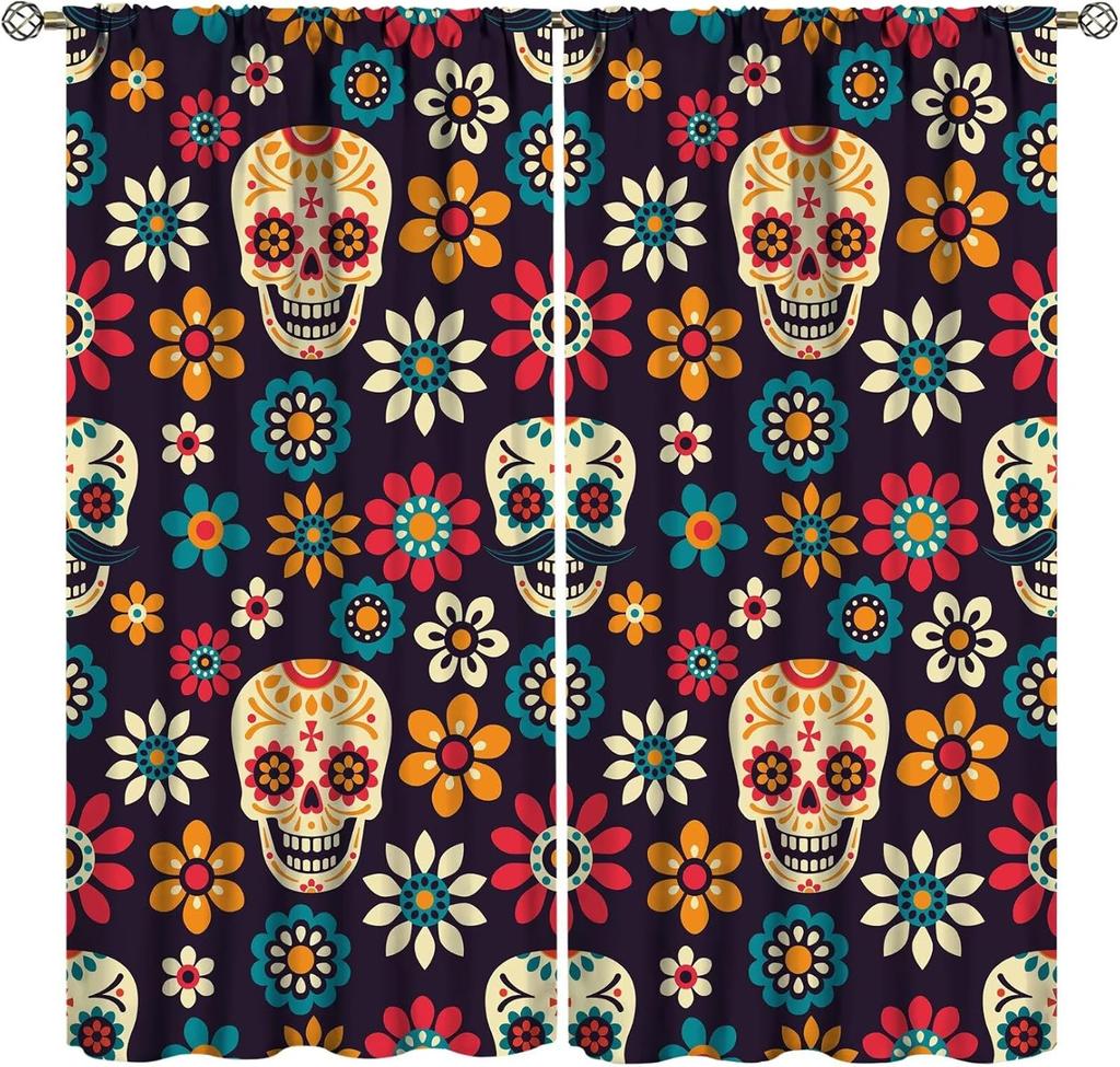 Vintage Skull Curtains Rose Flowers Wildflowers Halloween Theme Scary Curtain Bedroom Living Room Home With Rod Pocket Polyester Ideal For Sitting