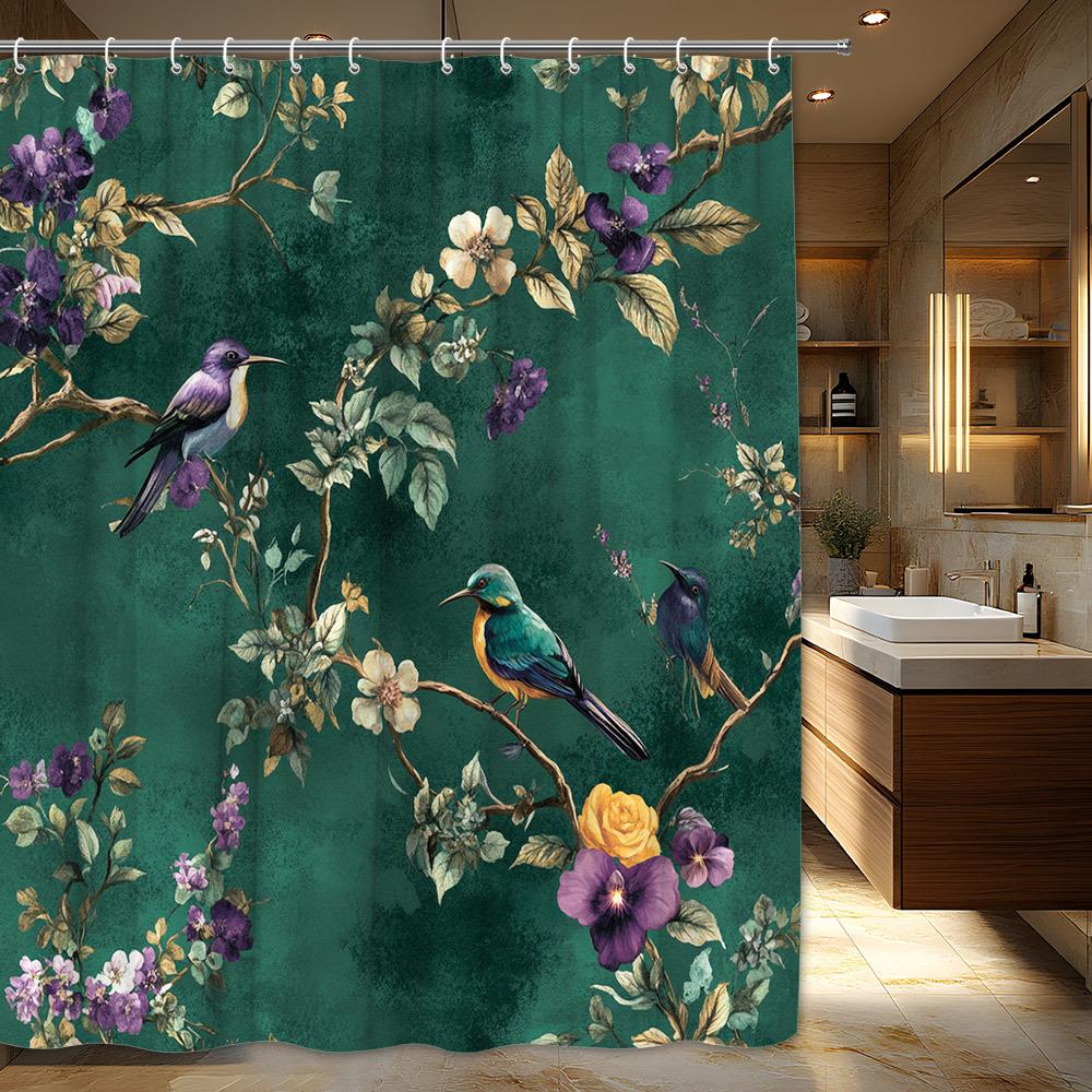 

1pc Purple and Yellow Flower Shower Curtain, Polyester Fabric, Digital Illustration, Green and Blue Birds Flowers, White Flowers 90x180cm