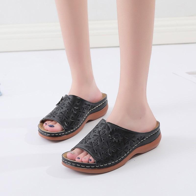 Round head retro solid color women's sandals hollowed out sewn wedges comfortable large size sandals mother shoes