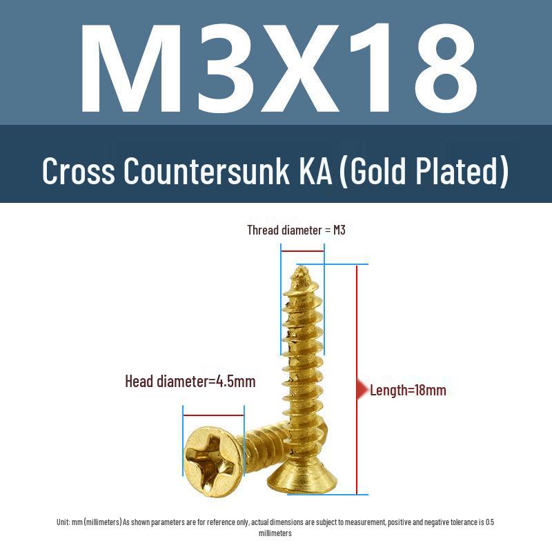 Yigu Gold-Plated Carbon Steel Self-Tapping Screws: Countersunk Head, Flat Head, Pointed Tail, Sizes M2-M4, Ideal for Electronics.