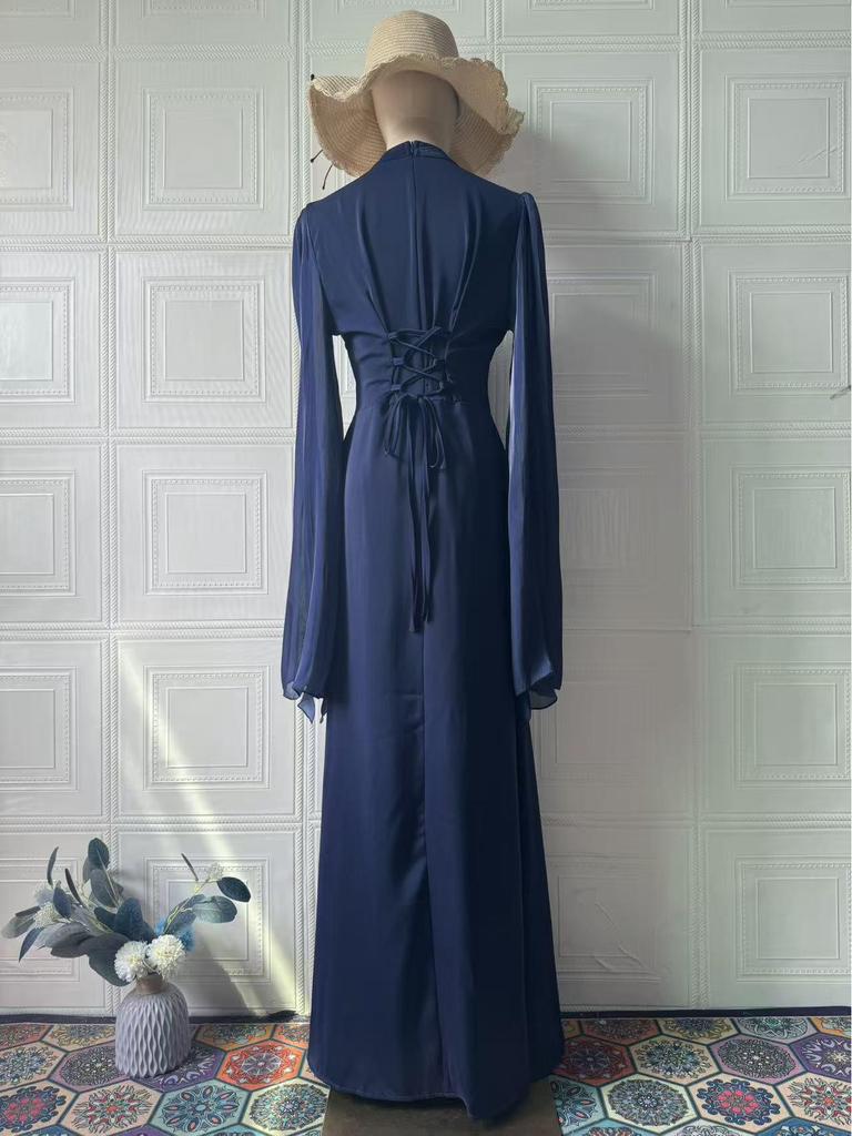 Spring Women's Elegant Flowy Long-Sleeve Dress - European American 2025 Style