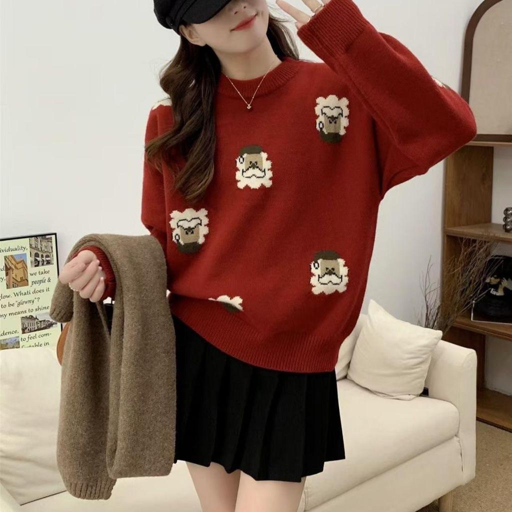 Women's Red Christmas Loose Knit Pullover Sweater - Autumn/Winter Korean Style, Round Neck