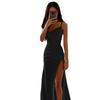 Women Satin One Shoulder Cowl Neck Maxi Dress Ruched High Slit Bodycon Slim Fit Elegant Evening Prom Party Formal Gown Multi Color