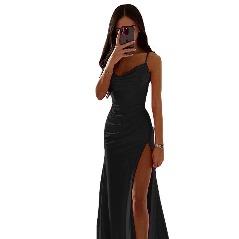Women Satin One Shoulder Cowl Neck Maxi Dress Ruched High Slit Bodycon Slim Fit Elegant Evening Prom Party Formal Gown Multi Color