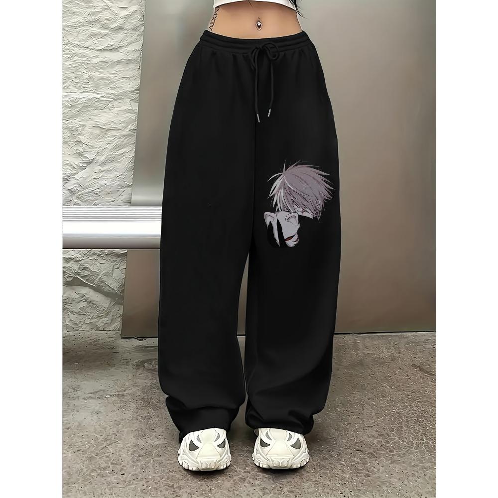 

Anime Print Loose Straight-Leg Pants, Casual Hip-Hop Streetwear Trousers for Women S