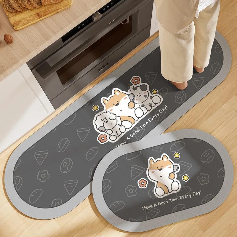 Fiber Leather Natural Rubber Kitchen Floor Mat, Soft Q-elastic Long Kitchen Mats Absorbs Water, Oil and Non-slip Foot Pads