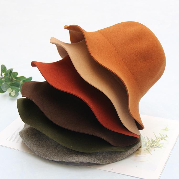 Casual Light Board Wool Woolen Basin Hat Dome Wavy Edge Big Edge Bucket Hat Women'S Autumn And Winter Fashion Curling Top Hat