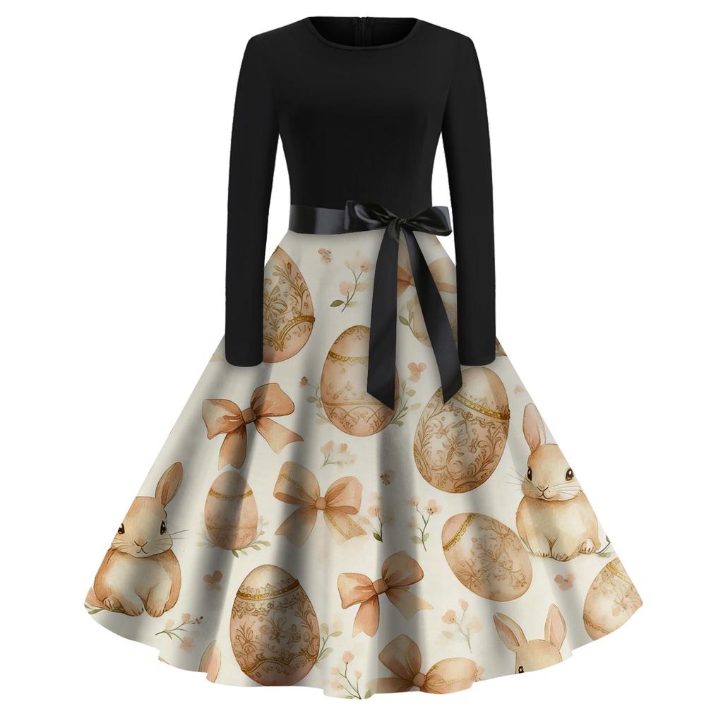 Women's Fashion Round Neck Casual Slim-fit Easter Printed Large Swing Long Sleeve Dress