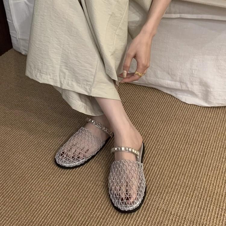 Flat-bottomed French Rhinestone Mesh Bag Head Half Slippers Women's Shoes Outer Wear 2025 Summer Vacation Beach Roman Sandals