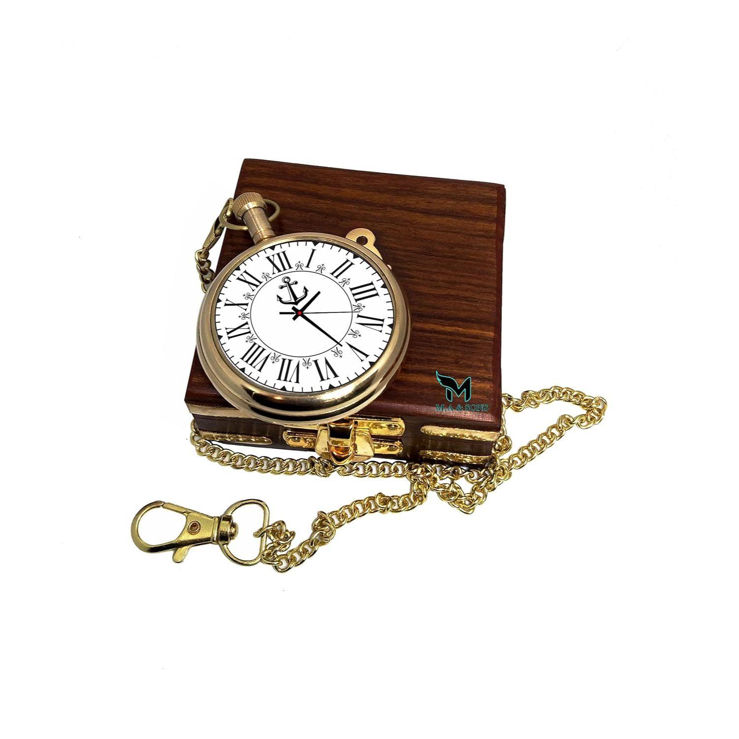 

COMPASS Унисекс M.A & SONS Карманные аналоговые часы из латуни с цепочкой и деревянной коробкой Римские цифры