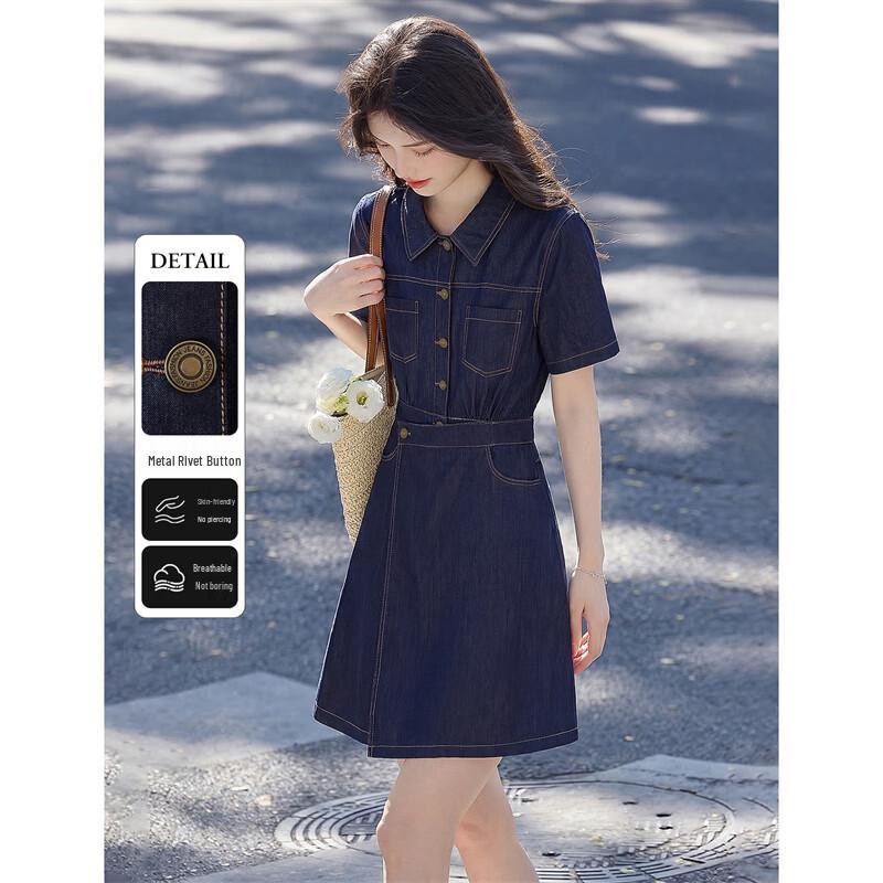 Women s Retro Faux Denim High-Waist Short-Sleeve Dress L