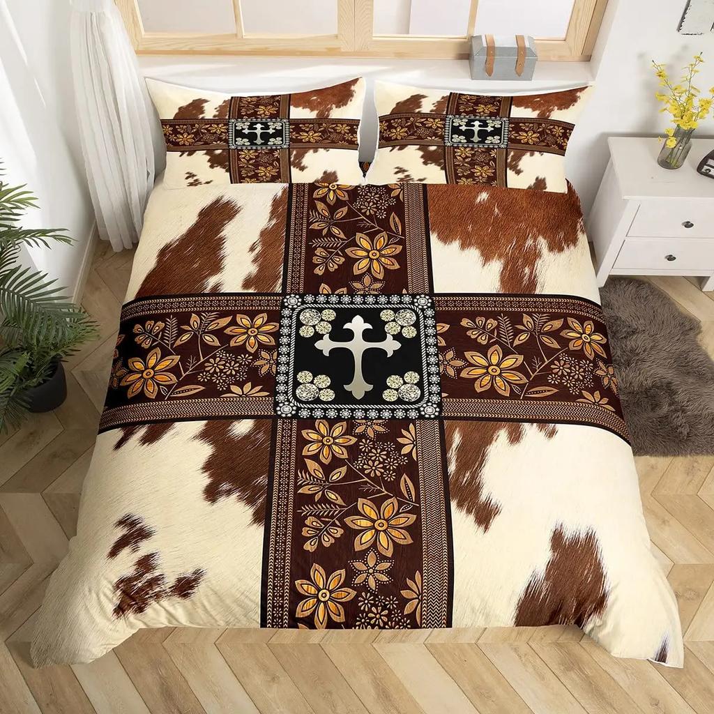 Cow Print Duvet Cover Queen Vintage Floral Bedding Set For Girls Boys Men Western Farmhouse Animal Bull Cattle Skin Quilt Cover