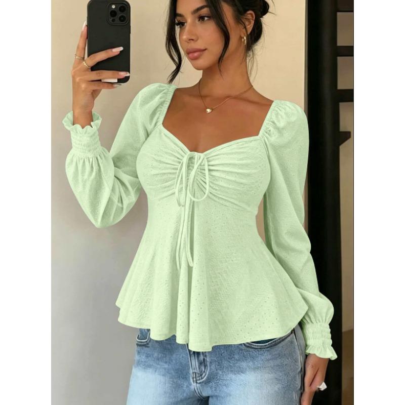 Women V Neck Drawstring Ruched Solid Color Loose Long Sleeve Casual T Shirt