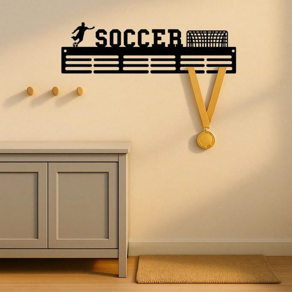 Black Iron Medal Hanger Soccer Fan Wall Art, Minimalist Home Decor, Rustproof Sports Award Display Rack With Hooks, Living Room Bedroom Gift