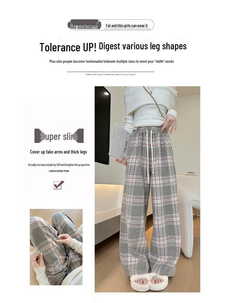 Women's High-End Retro Plaid Velvet Pants: Loose, Slimming Straight-Leg, Casual Wide-Leg Long Pants
