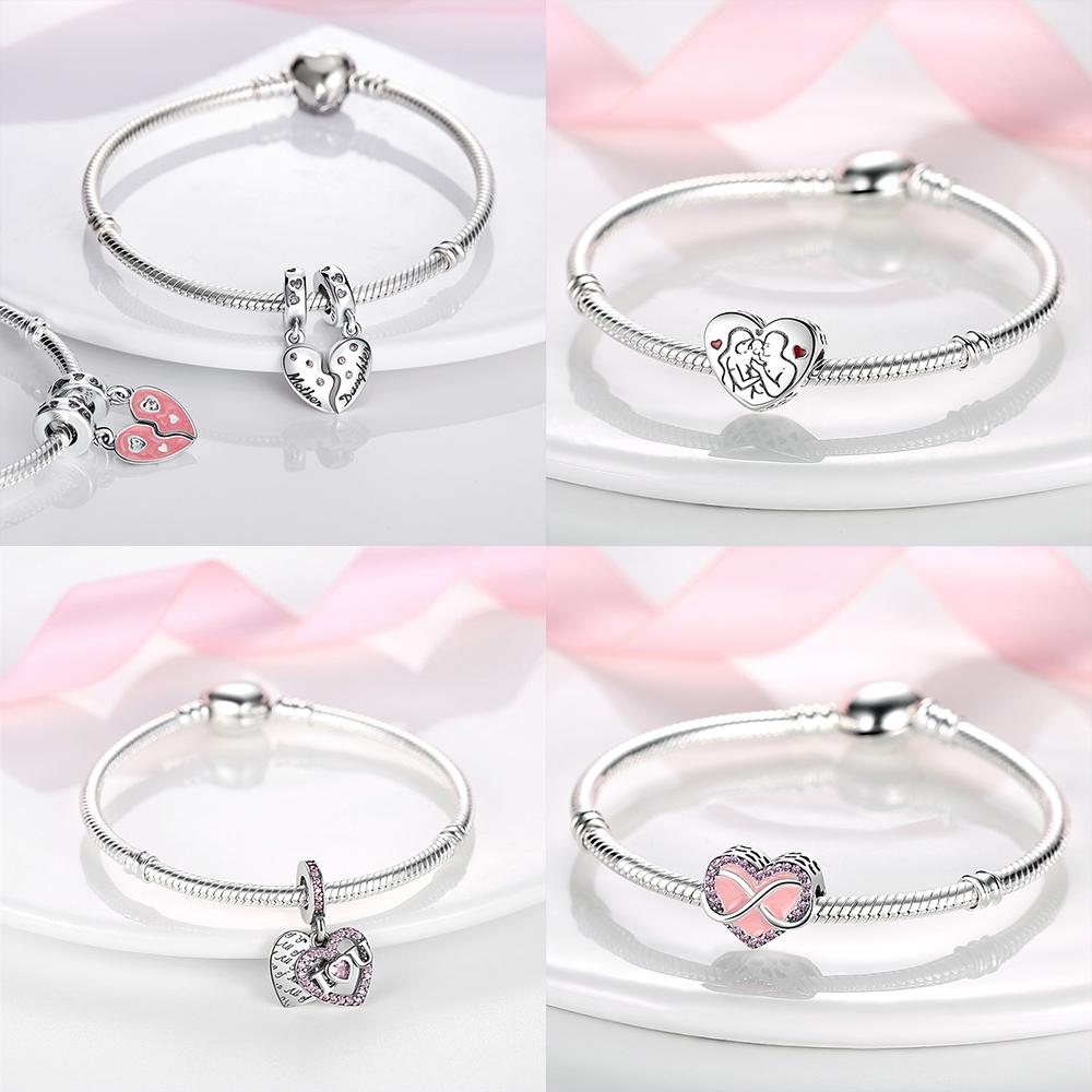 Pink Family Love Heart Charm Original Copper Beads Fit Pan Bracelet Diy Sister Mother Friendship Pendant Fine Gift Jewelry