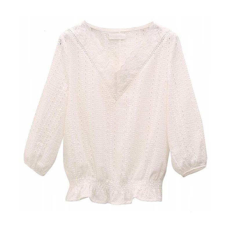 Moda noua cu decolteu in V din dantela ocazional bluză femei cu jumătate de mânecă elegantă cămașă albă lejeră femei solide vintage bluze marimi mari Topuri haine feminine 1088