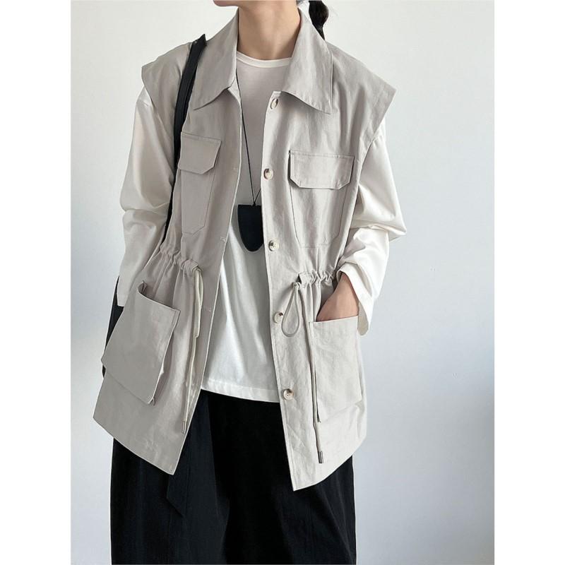 

Johnature Women Work Vest Autumn Style Drawstring Waist Pocket Sleeveless Casual Versatile Jackets M