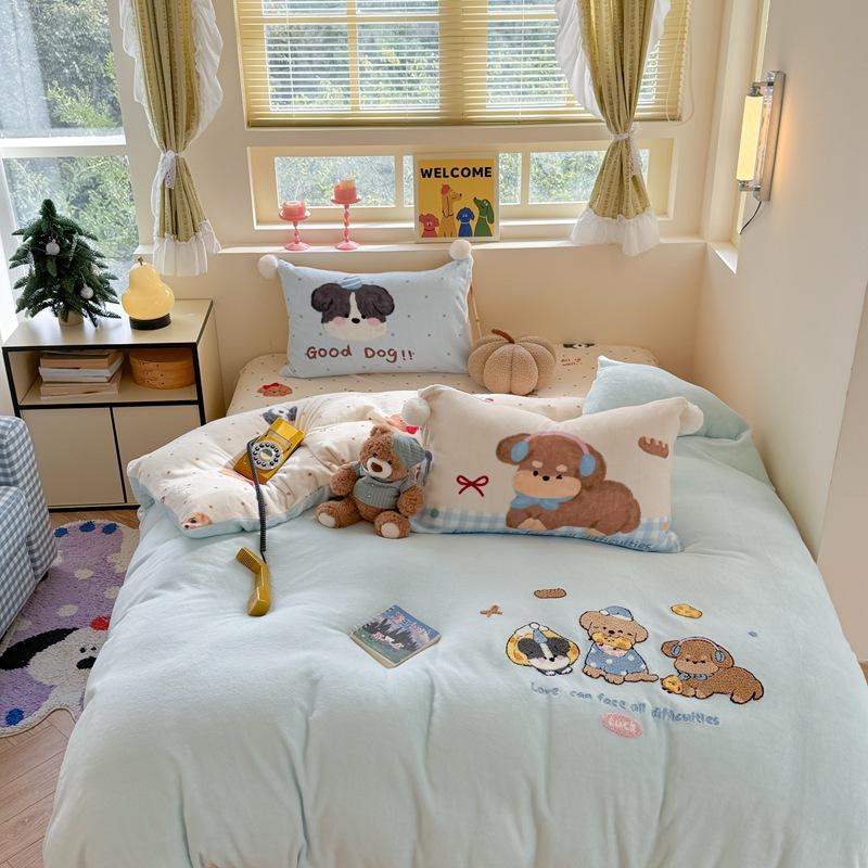 

Thickened Milk Fleece Towel Embroidery Four-Piece Set - Pom-Pom 1.2M Bed Sheet Three-Piece Set, Flying 1.2m sheet 3pc
