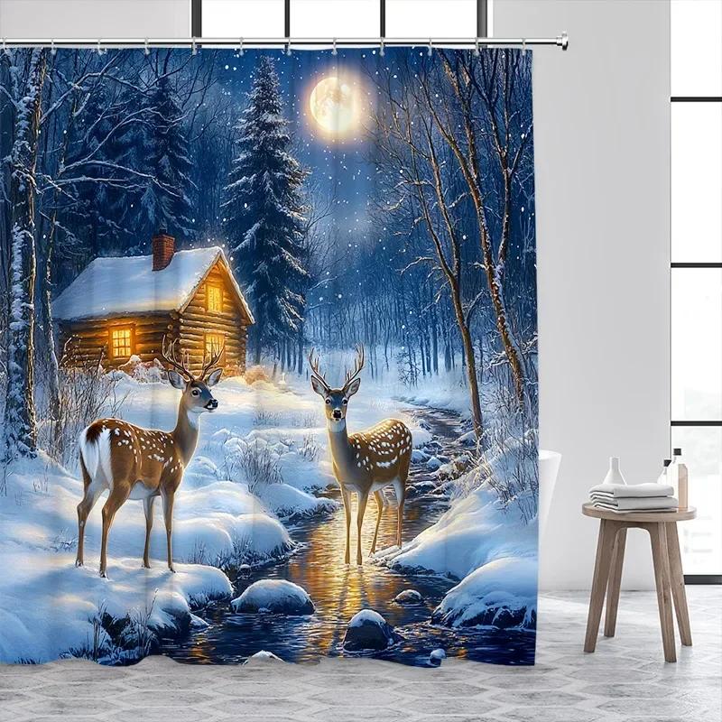 Zimowy Łoś Zasłona Prysznicowa Farmhouse Noc Śnieg Las Krajobraz Boże Narodzenie Dekoracja Łazienki Zasłona Prysznicowa z Haczykiem