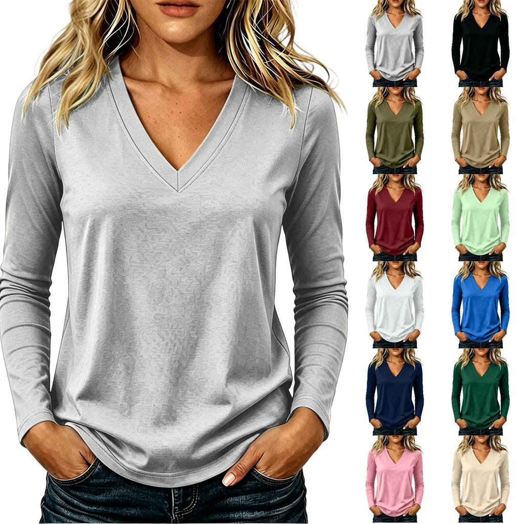 Top casual da donna a maniche lunghe, scollo a V, tinta unita, tessuto leggero, elastico, morbido, vestibilità comoda, per l'uso quotidiano